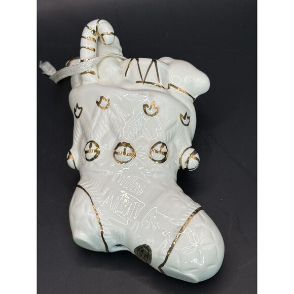 White Porcelain Christmas Stocking Ornament With Gold Accents - Picture 3 of 6